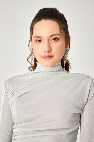 Kallisto Gray Glitter Stand Collar Draped Long Sleeve Blouse