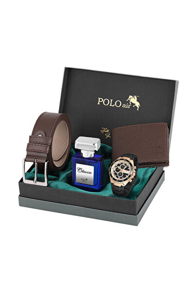 Polo Air Logolu Klasik Erkek Cüzdan Kemer Kol Saati Parfüm Seti Kahverengi Ko...