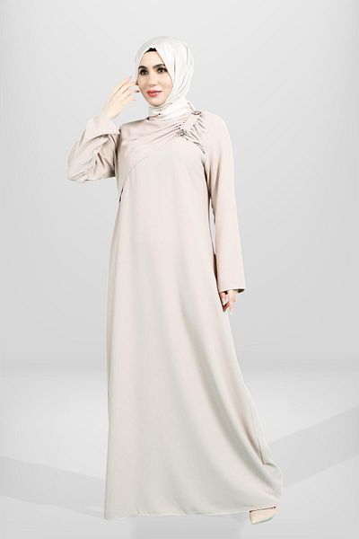 Beyza Μπεζ Φόρεμα Hijab - Λεπτομέρεια καρφίτσας και βολάν, Μοντέλο 5533
