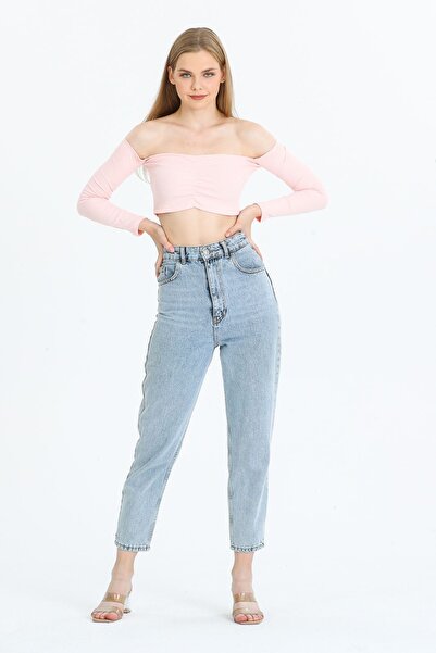 Kallisto Tricou crop cu mânecă lungă, fără umăr, roz pudrat (model strâmt)