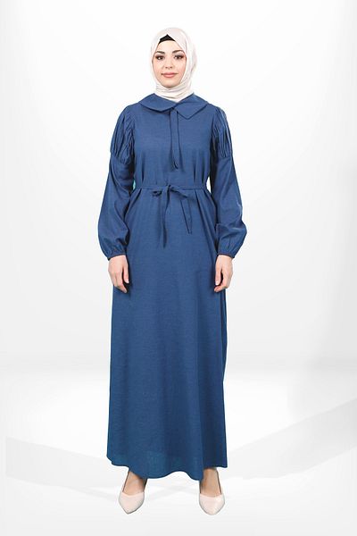 SheFa Μπλε λινό φόρεμα Hijab - Μανίκι βολάν, ζωνάκι 5606