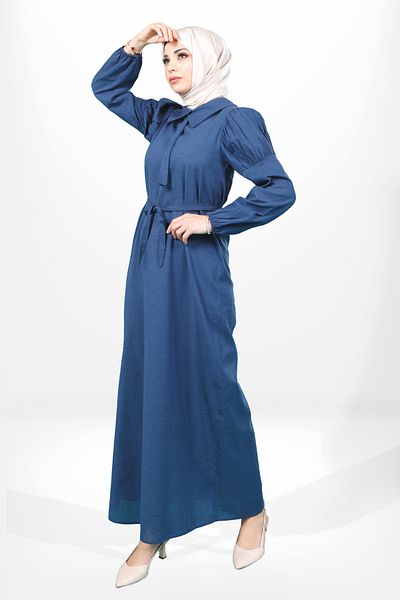 SheFa Μπλε λινό φόρεμα Hijab - Μανίκι βολάν, ζωνάκι 5606