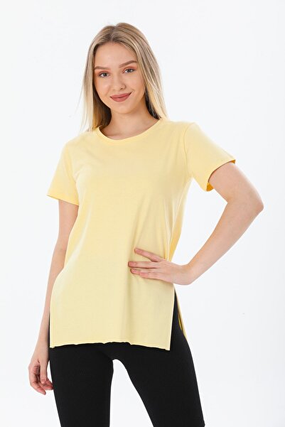 Kallisto Sarı %100 Pamuk Iki Yandan Yırtmaçlı Basic T-shirt