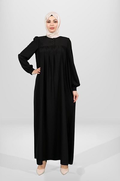 Beyza Μαύρο Φόρεμα Hijab - Κόψιμο από το Ρόμπα, Μανσέτες με κουμπί 5616