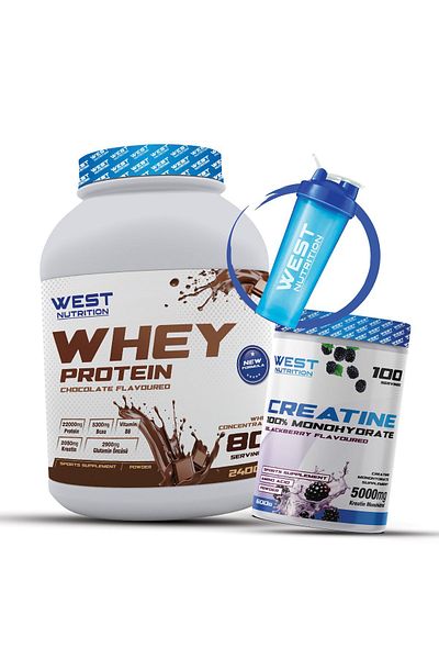 West Nutrition 2400 gr Chocolate Whey Protein Powder - Creatine Monohydrate 600 gr Blackberry