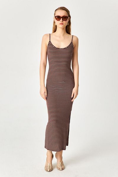 Kallisto Brown Striped Strappy Maxi Dress