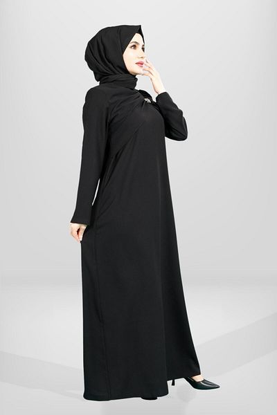 Beyza Black Hijab Dress - Brooch Detail and Ruffle 5533