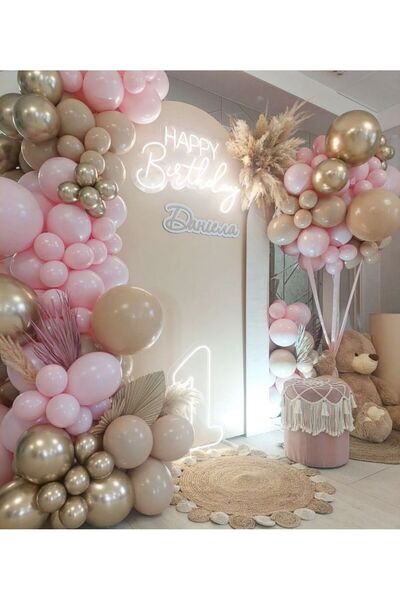 Çemrek Süs Parti Makaron Pembe Krom Gold Deniz Kumu Balon Zinciri Seti 100'lü