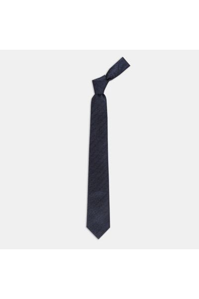 1001 Kravat Navy Blue Herringbone Patterned 8 cm Wide Wool Silk Blended Tie