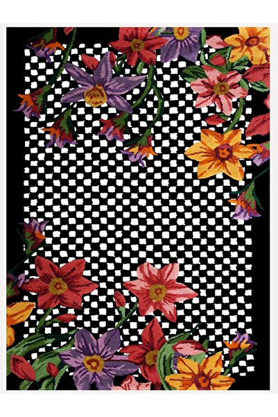kilim home çok renkli siyah üzerine çiçek denli