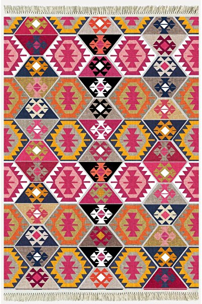 kilim home Covor decorativ țesut cu model geometric în nuanțe de roz și maro ...