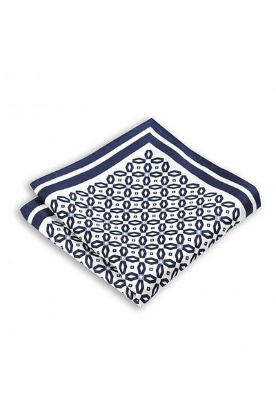 1001 Kravat Navy Blue Patterned White Silk Pocket Handkerchief in 33x33 cm Sizes