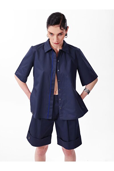 KNTLGY Unisex Lacivert Oversize %100 Pamuk Poplin A Kesim Kisa Kollu Gömlek