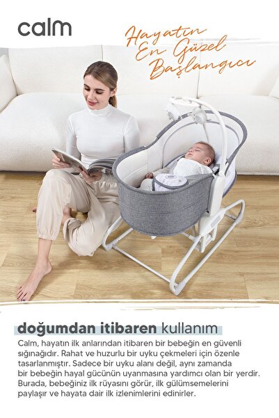 Huggy Calm Gri Mini Beşik ve Ana Kucağı – Çift Yönlü, Müzikli, Otomatik Sallanabilir, Bluetooth Özellikli