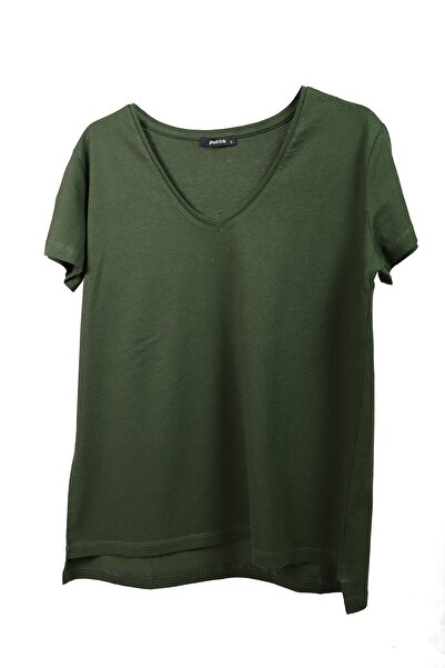 Kallisto Χακί 100% βαμβακερό πλεκτό μπλουζάκι με λαιμόκοψη