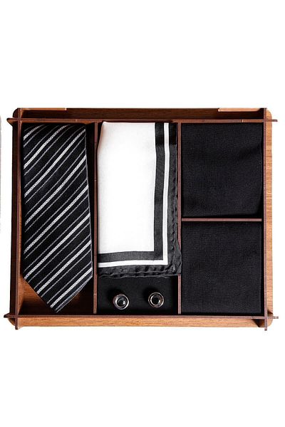 1001 Kravat Wooden Gift Boxed Silk Tie Silk Handkerchief Metal Cufflinks Men's Gift Set with Bamboo Socks