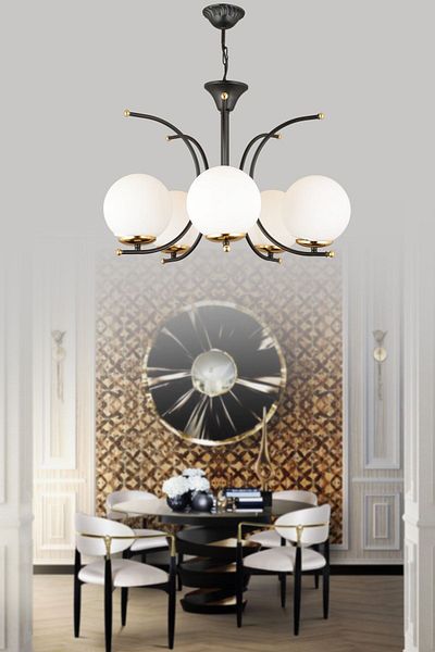 SONSUZ AYDINLATMA&AVİZE Fairy Black 5-Piece White Globe Glass Upward Facing Modern Luxury Chandelier