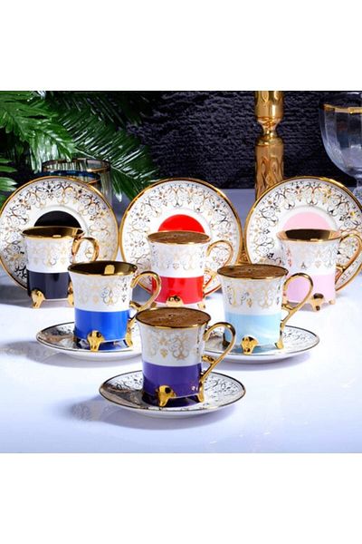 Kosova Porcelain Diana Footed 6-Piece Cup Set 90 Cc Gold Ist-144