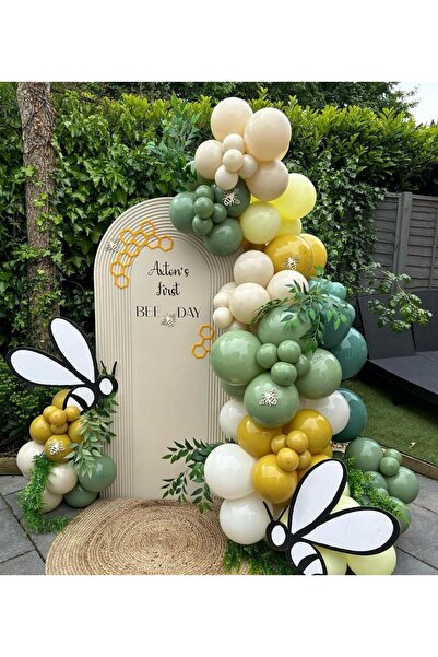 Çemrek Süs Parti مجموعة سلسلة بالونات Nature and Bee Concept مجموعة سلسلة بالونات رمل البحر والأوكالبتوس والكركم 100 قطعة