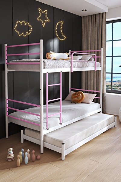 FANO Trend Yavrulu Ranza 90x190 Yatak Uyumlu 3 Kişilik Açık Pembe Metal Ranza Karyola