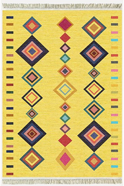 kilim home Cotton Serisi Sarı Tonunda Bordürlü Desen Dekoratif Dokuma Taban K...