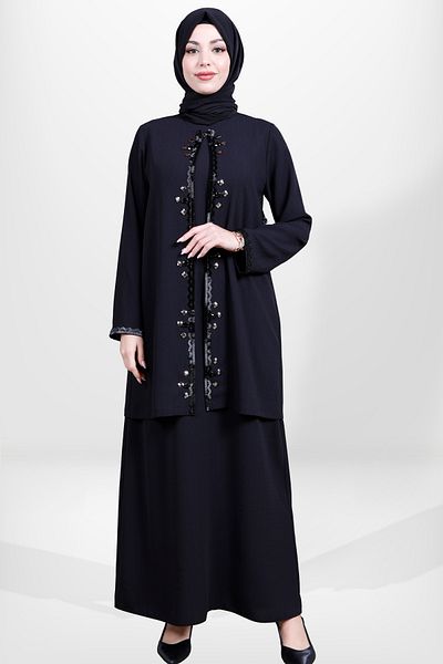 Beyza Black Hijab Dress - Bead Embroidered and Cardigan, Model 5673