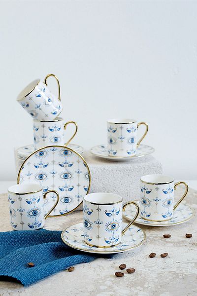 Kosova Ist-134 Evil Eye - 90 CC 6-Piece Gold Gilt Turkish Coffee Cup Set