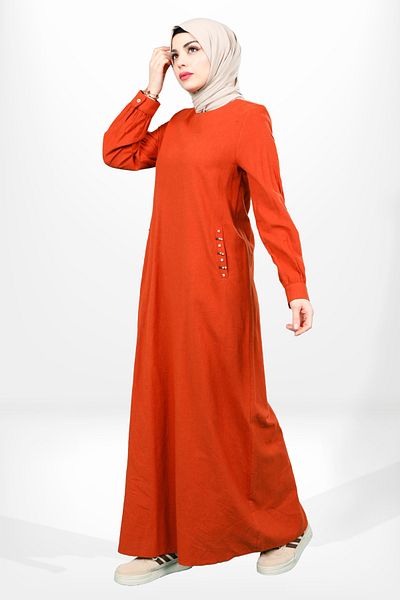 Beyza Λινό Φόρεμα Hijab με Λεπτομέρεια Πλακάκι Χρώμα Χάντρες - Crew Neck 5653