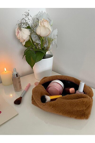 luckyjoys حقيبة مكياج قطيفة بلون القهوة الفاتحة - حقيبة مستحضرات تجميل متوسطة...