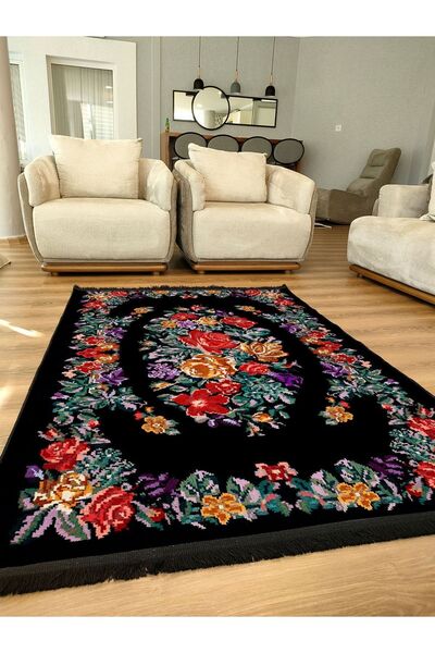 kilim home Mars Serisi Siyah Ve Multy Tonlarda Çiçekli Desen Kaymaz Taban Şön...