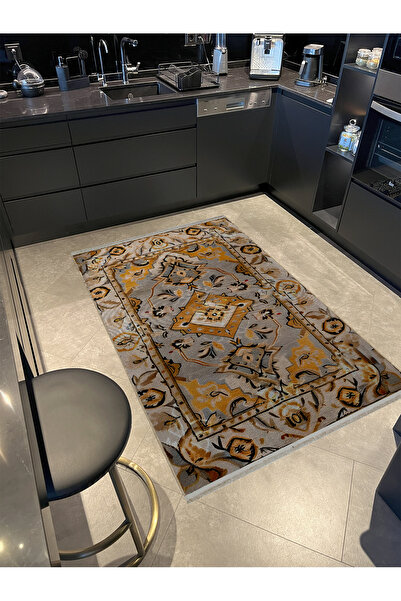 Rugs Modern Halı Gri Bej Tonlarda Antik Tasarım Serisi Sarı Desenli Saçaklı D...