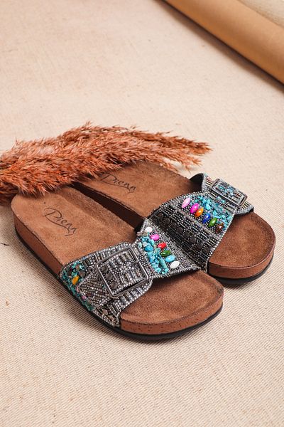 StWenn Γυναικείες παντόφλες New Season Stoned Single Band Beaded - Χαμηλό τακούνι