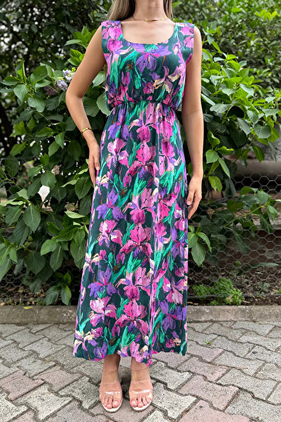 GÜLSELİ Emerald Green Print Dress with Elastic Waist and Thick Straps
