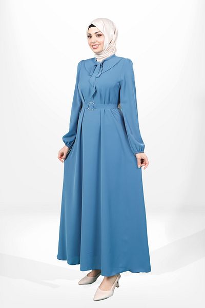 Beyza Indigo Color Hijab Dress with Tie-Up Detail and Belted Belt 5646