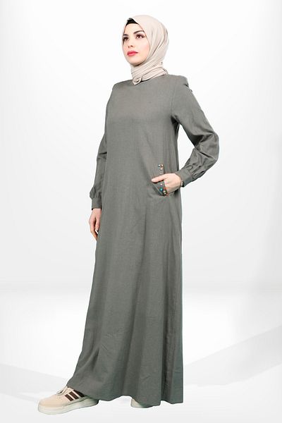 Beyza Χακί Χρώμα Λινό Φόρεμα Hijab - Crew Neck, Bead Detail, Model 5653