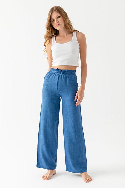 CNRCollection Blue High Waist Linen Look Palazzo Pants - with Pockets and Elastics, Comfortable Loose Fit