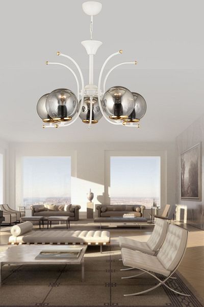 SONSUZ AYDINLATMA&AVİZE Fairy White 5-Piece Smoked Globe Glass Upward-Facing Modern Luxury Chandelier