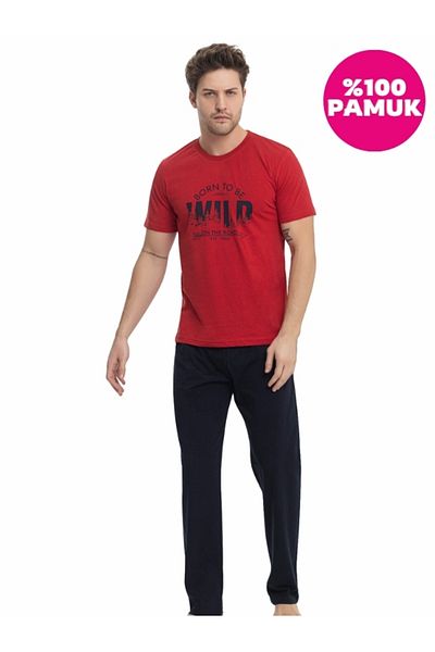 bie's Men's Red Single Jersey Pajama Set - 100% Cotton, Crew Neck, Pocket, Short Sleeve