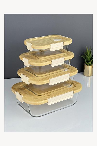 Doğudeko Bamboo Lid Vacuum Featured Pyrex Storage Container Set of 4