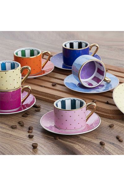 Kosova Fnc-07 6-Piece Cup Set - Bone China Polka Dot, 90 CC