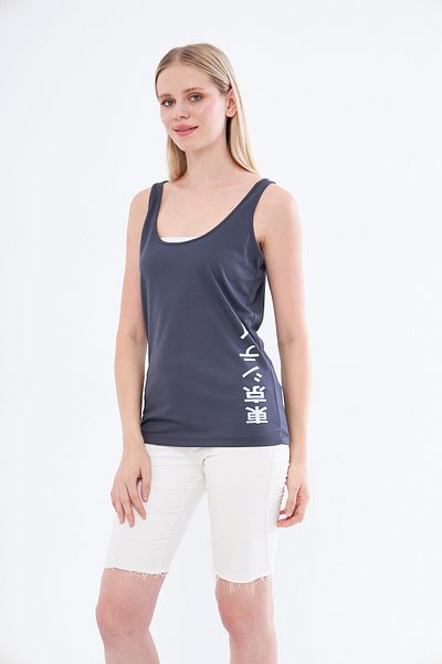 YÜKSEL IŞIK Anthracite Color Chinese Printed Thick Strap Athlete's Tank Top