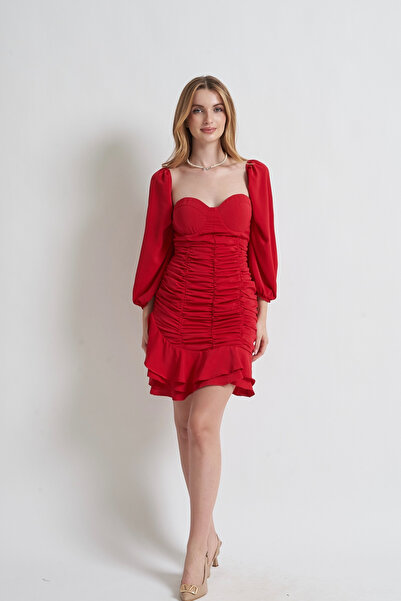 Rabia Çelik Kadın Kırmızı Drapeli Çıkarılabilir Kol Mini Elbise