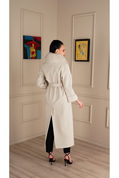 KENT Ecru Fur Collar Detailed Belted Long Coat
