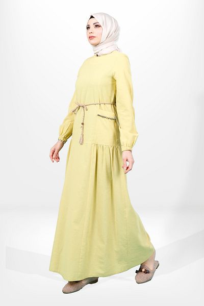 Beyza Κίτρινο Φόρεμα Hijab - Crew Neck, Πέτρινη τσέπη και ζώνη με κορδόνι 5654