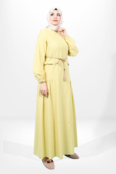 Beyza Κίτρινο Φόρεμα Hijab - Crew Neck, Πέτρινη τσέπη και ζώνη με κορδόνι 5654