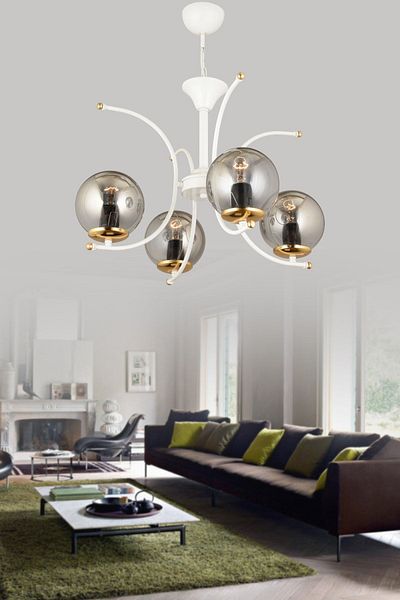 SONSUZ AYDINLATMA&AVİZE Fairy White 4-Piece Smoked Globe Glass Upward-Facing Modern Luxury Chandelier