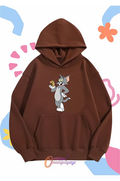 oneagılyazı Unisex Kids Sweatshirt - Tom and Jerry Printed, Oversize Hoodie