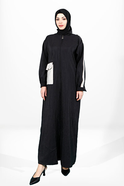 Beyza Fermuarlı Garnili Cep ve Kollu Siyah Renk Spor Ferace 3948