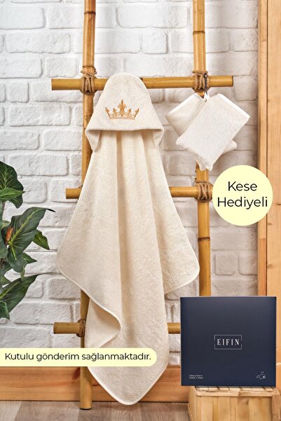 EIFIN Bambu Taç Nakışlı Özel Kutusunda Bebek Havlu Kundak Ve Kese Seti