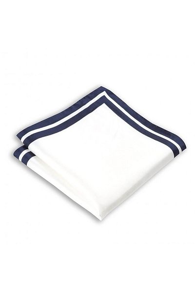 1001 Kravat Navy Blue Edge Striped White Colored Silk Pocket Handkerchief in 33x33 cm Sizes